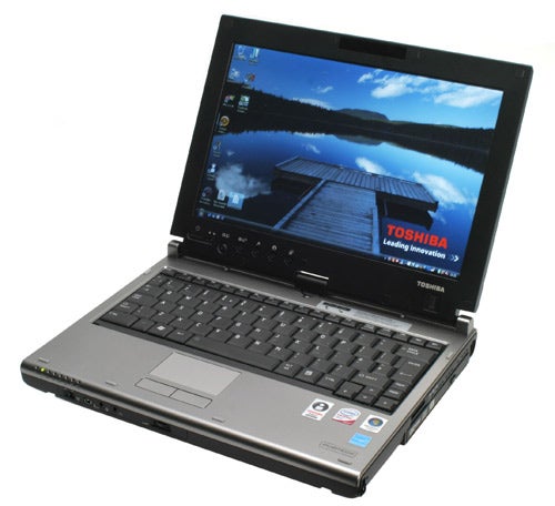 Toshiba Portege M700 laptop with screen displaying desktop wallpaper.