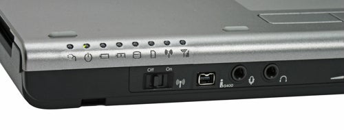 Close-up of Toshiba Portege M700 side ports and switches.