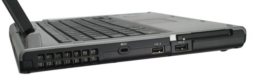 Side view of Toshiba Portege M700 showing ports.Side view of Toshiba Portege M700 laptop with ports visible.