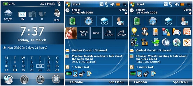 Screenshots of Spb Mobile Shell 2.0 interface on a smartphone.