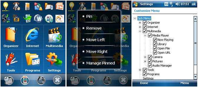 Screenshots of Spb Mobile Shell 2.0 user interface on a smartphone.Screenshots of Spb Mobile Shell 2.0 user interface.
