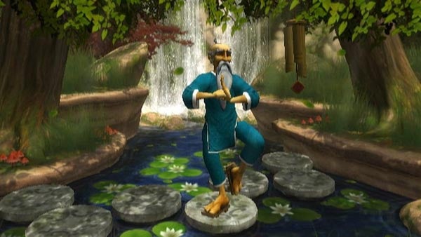 Animated ninja character training in serene virtual environment.Animated ninja character training on lily pads in a game scene.