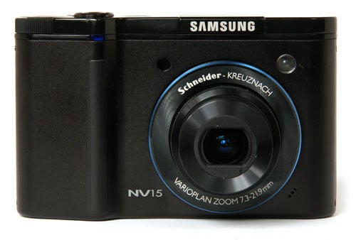 Samsung NV15 digital camera on a white background.Samsung NV15 digital camera front view on white background.