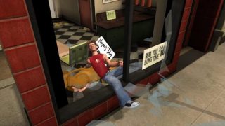 Animated man injured after falling through a window.