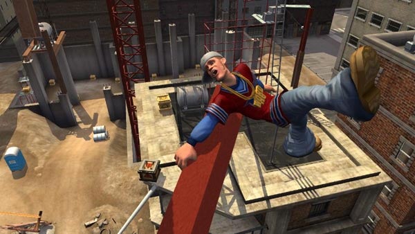 Animated character slipping off a beam on a construction site.Animated character in a comedic mishap on a construction site.