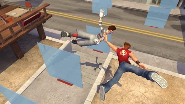 Screenshot of a video game character falling onto concrete.Animated characters in a falling accident on a street.