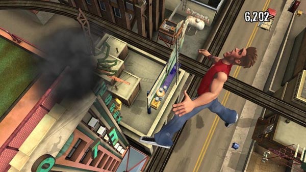 Screenshot of video game character falling from heightAnimated character falling from a building in a video game scene.