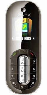 Onyx Liscio compact mobile phone with display on.