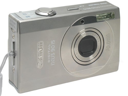 Canon IXUS 90 IS digital camera on white background.