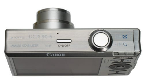 Canon IXUS 90 IS compact digital camera on white background.Canon IXUS 90 IS digital camera on a white background.