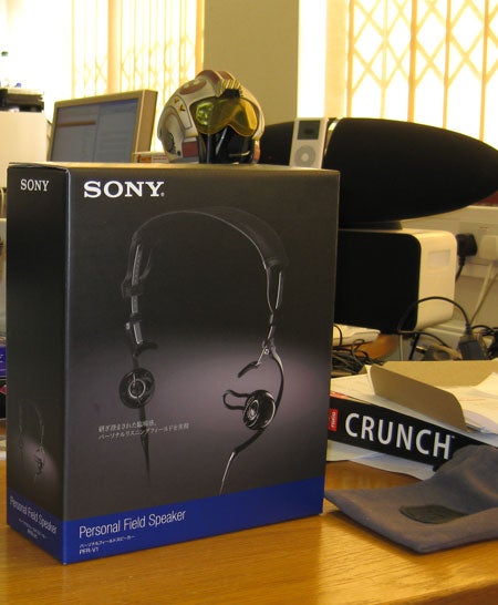 Sony personal field speaker box on office desk.Sony personal speakers packaging on an office desk.