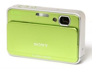 Green Sony Cyber-shot DSC-T2 digital camera on white background