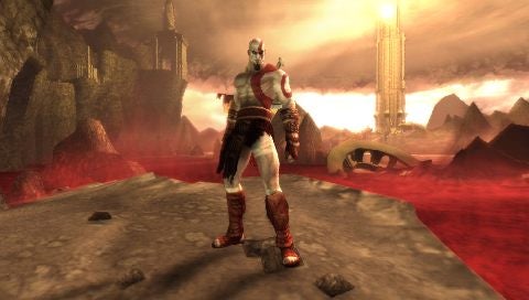 Kratos standing in a volcanic landscape from God of War game.Screenshot of Kratos in God of War: Chains of Olympus.