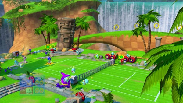Screenshot of Sega Superstars Tennis game with Sonic characters.