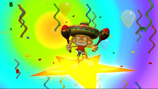 Character from Sega Superstars Tennis celebrating with maracas.Animated character celebrating with maracas on a star in game scene.