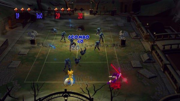 Screenshot of Sega Superstars Tennis gameplay with characters and score display.Screenshot of Sega Superstars Tennis gameplay with characters.
