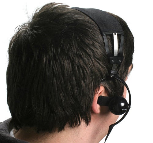 Person wearing Sony PFR-V1 headphones from the side view.Person wearing Sony PFR-V1 headphones from side view.