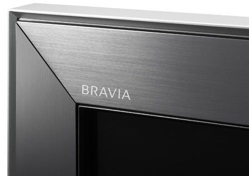 Close-up of Sony Bravia logo on 46-inch LCD TV corner.Close-up of Sony Bravia logo on TV bezel.