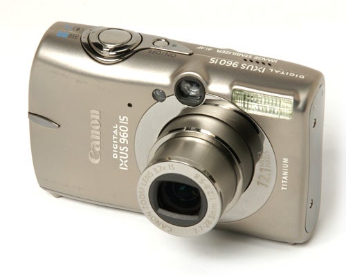 Canon IXUS 960 IS compact camera on white background.
