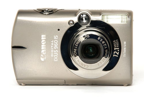 Canon IXUS 960 IS digital camera on white background.