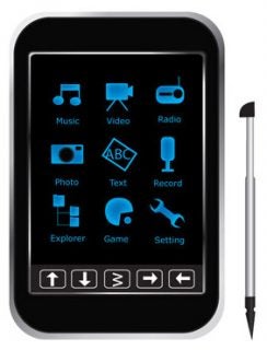 Sumvision ICE 1000 media player with touchscreen and stylus.