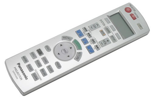 Panasonic PT-AE2000E projector remote control on white background.