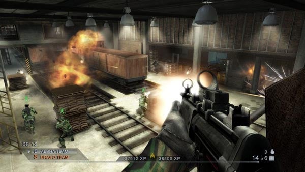 Screenshot of a Rainbow Six Vegas 2 gameplay scene with explosion.In-game screenshot of a Rainbow Six Vegas 2 firefight.