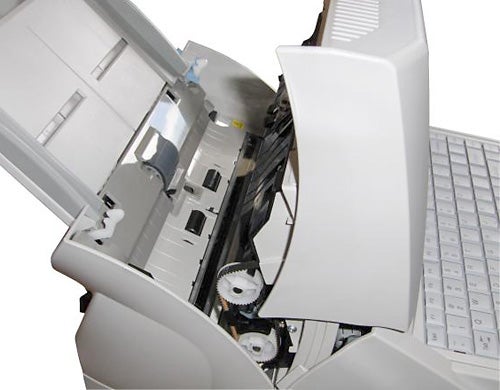 Interior view of open Fujitsu fi-6000NS Network Scanner.