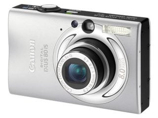 Canon IXUS 80 IS compact digital camera on white background.