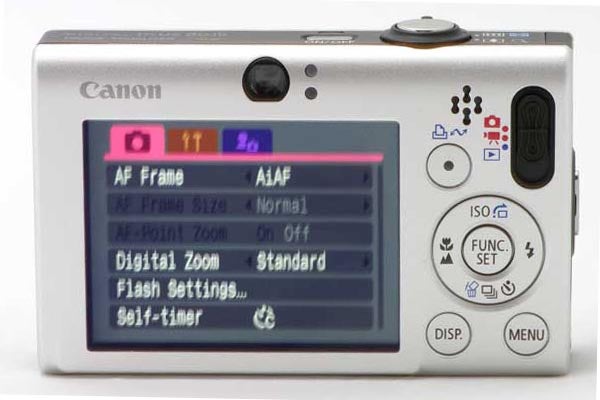 Canon IXUS 80 IS camera with visible menu settings on screen.Canon IXUS 80 IS camera displaying menu on LCD screen.