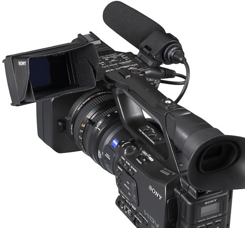 Sony HVR-Z7E professional camcorder with microphone and display open.