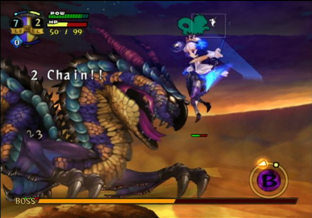 Screenshot of Odin Sphere gameplay featuring a character battling a dragon.