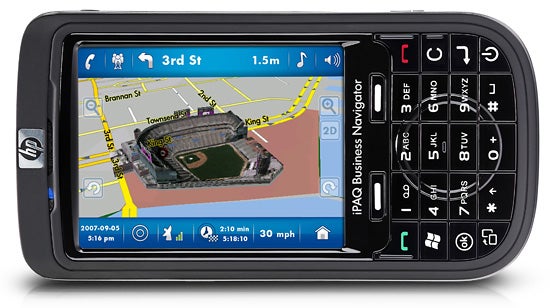 HP iPAQ 614c smartphone displaying GPS navigation map.HP iPAQ 614c Business Navigator displaying GPS map.