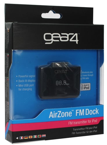 Gear4 AirZone FM Dock packaging and product on display.