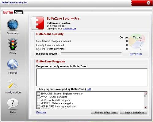 Screenshot of TrustWare BufferZone Pro software interface.Screenshot of TrustWare BufferZone Pro security software interface.