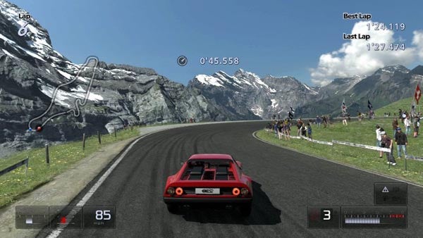 Gran Turismo 5: Prologue gameplay showing red car racing on mountain track.Screenshot of Gran Turismo 5: Prologue gameplay with a red car.