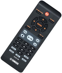 Yamaha DVD-S661 player's black remote control.Yamaha DVD-S661 player remote control on white background.