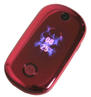 Red Motorola U9 phone displaying time on external screen.