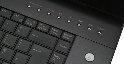 Close-up of Sony VAIO VGN-AR61ZU notebook keyboard and power button.
