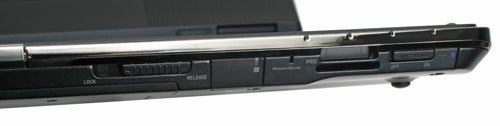 Side view of Sony VAIO VGN-AR61ZU notebook showing ports.Side view of Sony VAIO VGN-AR61ZU laptop showing ports.