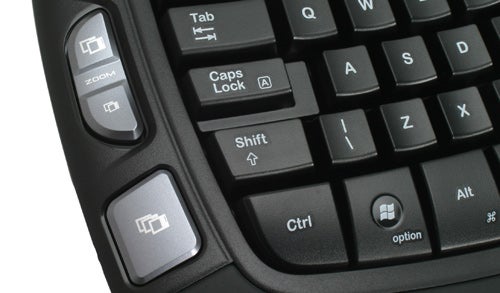 Close-up of Logitech Wave Keyboard with multimedia keys.