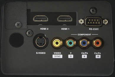 JVC DLA-HD100 projector input panel with various connectors.JVC DLA-HD100 projector input connections panel.