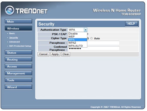 Screenshot of TRENDnet router security configuration interface.TRENDnet router interface showing security settings options.