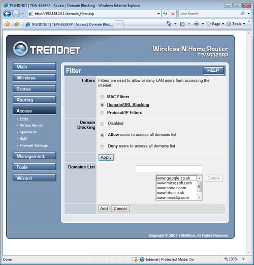 TRENDnet TEW632BRP router domain blocking settings interface.Screenshot of TRENDnet TEW632BRP router configuration interface.