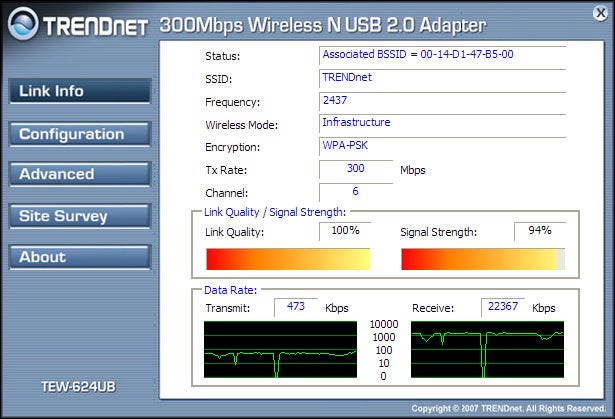 Screenshot of TRENDnet wireless adapter configuration software interface.Screenshot of TRENDnet wireless adapter interface with connection details.