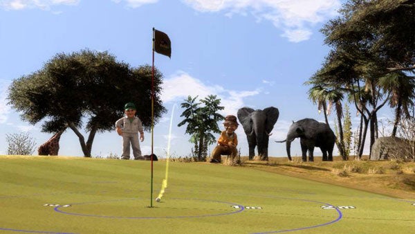 Screenshot from Everybody's Golf World Tour game with elephants in background.Golf video game screenshot with characters and elephants in background.