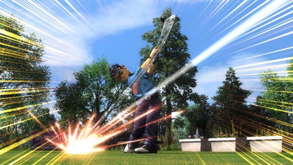Animated golfer swinging with visual effects in Everybody's Golf World Tour.Character performing a powerful golf swing in Everybody's Golf World Tour.