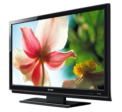 Sharp LC-46XL2E 46-inch LCD TV displaying vibrant floral image.Sharp LC-46XL2E 46-inch LCD TV displaying vibrant flower image.