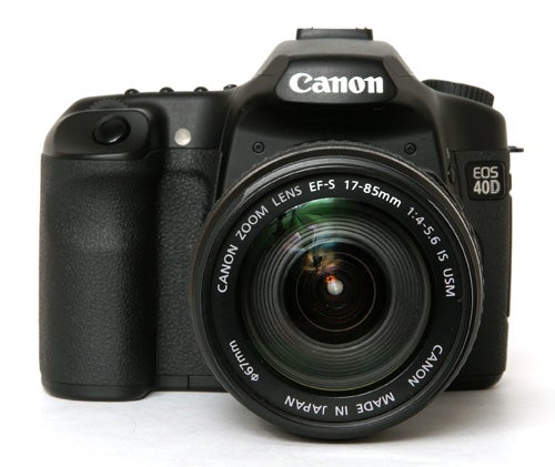 Canon EOS 40D DSLR camera with EF-S 17-85mm lens.Canon EOS 40D DSLR camera with lens on white background.