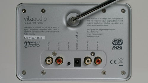 Vita Audio R2 DAB FM stereo back panel with connectors and labelBack panel of Vita Audio R2 DAB FM Stereo with connections.